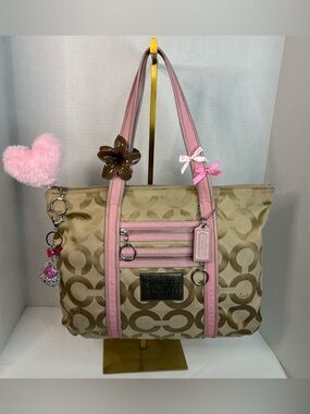 Coach Poppy Signature Tote with Pink Leather Trim EUC